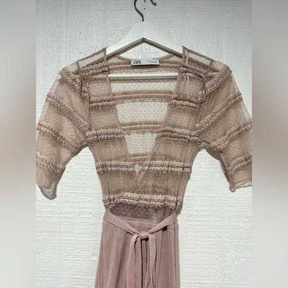 Zara lace knit wrap maxi dress dusty pink size S - Picture 3 of 14
